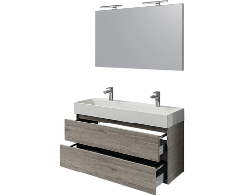 Waschtischkombination mit zwei Schubladen, Waschbecken und Spiegel mit Beleuchtung