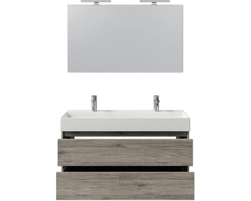 Waschtisch mit zwei Waschbecken, Unterschrank mit Schubladen und Spiegel