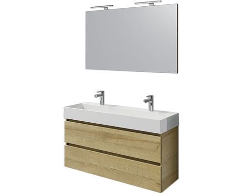 Badmöbelset 4-teilig Pelipal Torino BxHxT 121 x 200 x 40 cm Frontfarbe eiche riviera mit Waschtisch Keramik weiß und Keramik-Doppelwaschtisch Waschtischunterschrank Spiegel mit LED-Beleuchtung SET-125-047 Waschtisch mit zwei Schubladen, Aufsatzwaschbecken, Spiegel und Beleuchtung