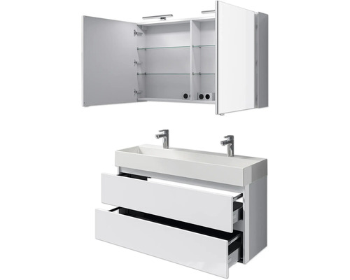 Weißer Waschtisch mit zwei Schubladen und Spiegelschrank mit offenen Türen und Glasböden für Badezimmer