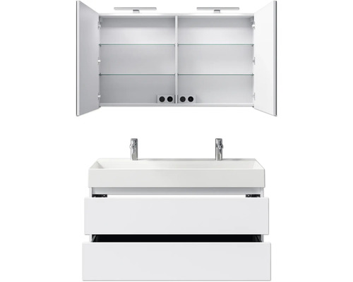 Waschtischkombination mit Spiegelschrank, zwei Schubladen und zwei Waschbecken