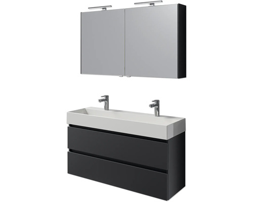 Badmöbelset 5-teilig und mehr Pelipal Torino BxHxT 121 x 200 x 40 cm Frontfarbe schwarz matt mit Waschtisch Keramik weiß und Keramik-Doppelwaschtisch Waschtischunterschrank Spiegelschrank mit LED-Beleuchtung SET-125-050 Waschtischunterschrank mit Doppelwaschbecken und Spiegelschrank mit Beleuchtung für das Badezimmer