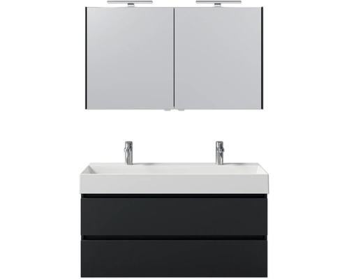 Waschtisch mit zwei Schubladen, Aufsatzwaschbecken und Spiegelschrank für das Badezimmer