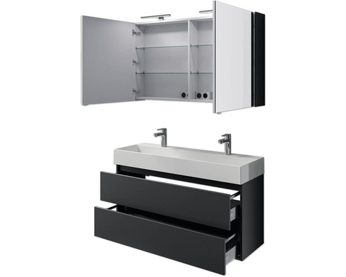 Waschbeckenunterschrank mit zwei Schubladen und Spiegelschrank mit offenen Türen und Glasböden