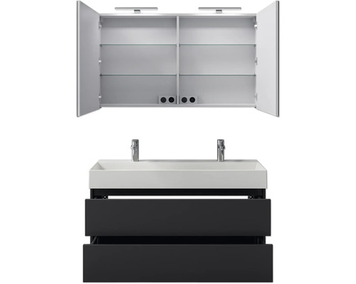 Waschtisch mit zwei Waschbecken, Unterschrank mit Schubladen und Spiegelschrank mit offenen Türen und Einlegeböden für Badezimmer