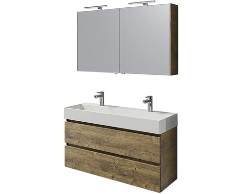 Badmöbelset 5-teilig und mehr Pelipal Torino BxHxT 121 x 200 x 40 cm Frontfarbe eiche ribbeck mit Waschtisch Keramik weiß und Keramik-Doppelwaschtisch Waschtischunterschrank Spiegelschrank mit LED-Beleuchtung SET-125-051 Waschtischunterschrank mit Doppelwaschbecken und Spiegelschrank für Badezimmer