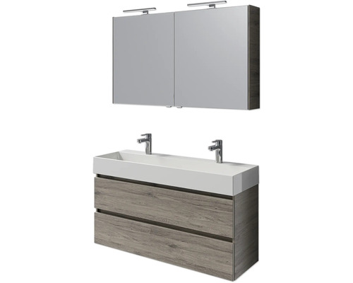 Badmöbelset 5-teilig und mehr Pelipal Torino BxHxT 121 x 200 x 40 cm Frontfarbe eiche sanremo mit Waschtisch Keramik weiß und Keramik-Doppelwaschtisch Waschtischunterschrank Spiegelschrank mit LED-Beleuchtung SET-125-052 Waschtischkombination mit Doppelwaschbecken, Unterschrank mit zwei Schubladen und Spiegelschrank mit Beleuchtung