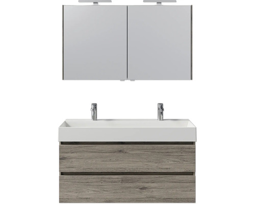 Waschtisch mit zwei Becken, Unterschrank und Spiegelschrank