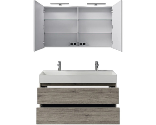 Waschtisch mit Waschbecken, Unterschrank mit Schubladen und Spiegelschrank