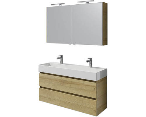Badmöbelset 5-teilig und mehr Pelipal Torino BxHxT 121 x 200 x 40 cm Frontfarbe eiche riviera mit Waschtisch Keramik weiß und Keramik-Doppelwaschtisch Waschtischunterschrank Spiegelschrank mit LED-Beleuchtung SET-125-053 Badezimmerset mit Waschtischunterschrank, Waschbecken und Spiegelschrank