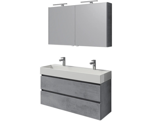 Badmöbelset 5-teilig und mehr Pelipal Torino BxHxT 121 x 200 x 40 cm Frontfarbe oxid dunkelgrau mit Waschtisch Keramik weiß und Keramik-Doppelwaschtisch Waschtischunterschrank Spiegelschrank mit LED-Beleuchtung Set-125-054 Badezimmermöbel-Set mit Waschtischunterschrank, Waschbecken und Spiegelschrank