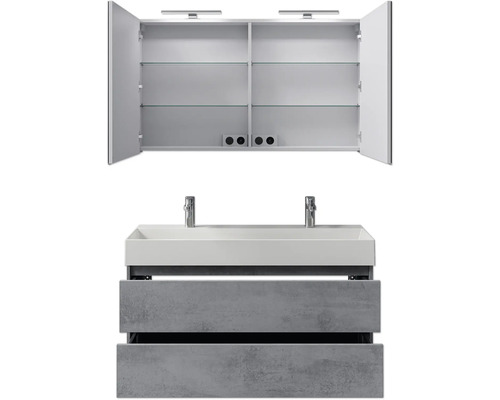 Waschtisch mit zwei Becken, Unterschrank mit Schubladen und Spiegelschrank mit offenen Türen