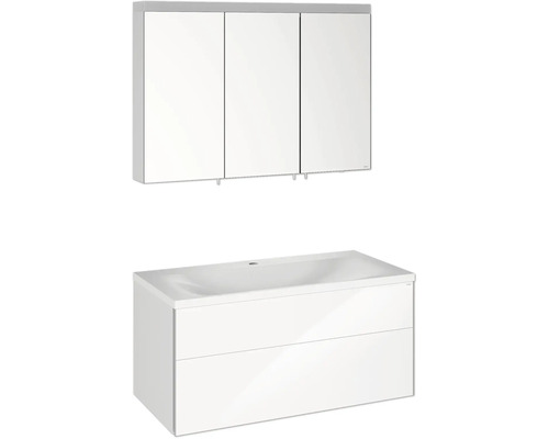 Badmöbel-Set KEUCO Royal Reflex BxHxT 100 x 48 x 49 cm Frontfarbe weiß hochglanz Badmöbelset 3-teilig mit Waschtisch Mineralguss weiß und Spiegelschrank mit LED-Beleuchtung Waschtischunterschrank 39604212100 Waschtischunterschrank mit Waschbecken und Spiegelschrank für das Badezimmer