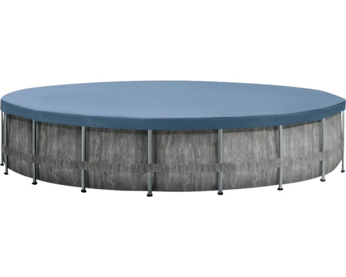 Abgedeckter runder Pool mit Holzverkleidung und Metallrahmen