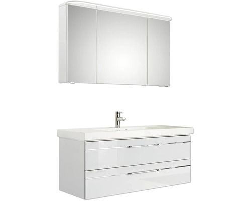 Weißer Waschtisch mit zwei Schubladen, Waschbecken und Spiegelschrank für das Badezimmer
