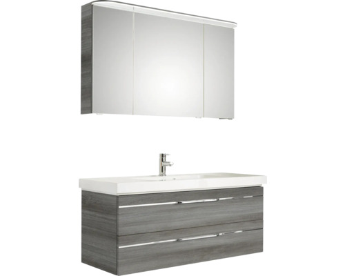 Waschtisch mit zwei Schubladen, Waschbecken und Spiegelschrank mit drei Türen und Beleuchtung