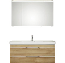 Badmöbel-Set Pelipal Sunline 108 BxHxT 123 x 200 x 50,8 cm Frontfarbe eiche riviera Badmöbelset 3-teilig mit Waschtisch Mineralmarmor weiß und Waschtischunterschrank Spiegelschrank mit LED-Beleuchtung