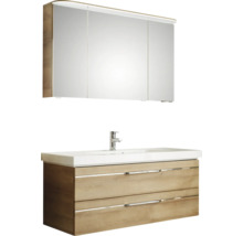 Badmöbel-Set Pelipal Sunline 108 BxHxT 123 x 200 x 50,8 cm Frontfarbe eiche riviera Badmöbelset 3-teilig mit Waschtisch Mineralmarmor weiß und Waschtischunterschrank Spiegelschrank mit LED-Beleuchtung