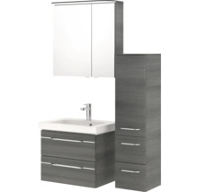 Komplettes Badezimmerset mit Waschtischunterschrank, Waschtisch, Spiegelschrank und Hochschrank für mehr Stauraum im Badezimmer.