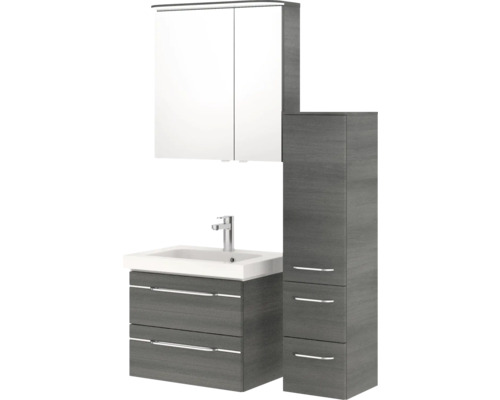 Komplettes Badezimmerset mit Waschtischunterschrank, Waschtisch, Spiegelschrank und Hochschrank für mehr Stauraum im Badezimmer.