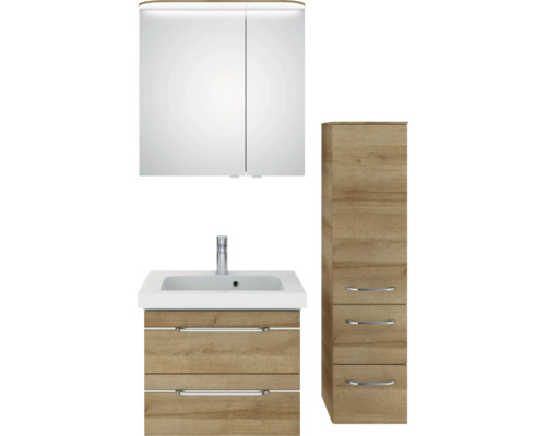 Badezimmer-Set mit Waschtischunterschrank, Waschtisch, Spiegelschrank und Hochschrank