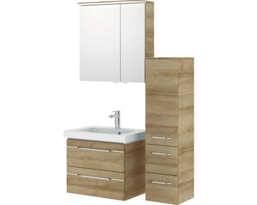 Badezimmermöbelset mit Waschtischunterschrank, Waschbecken, Spiegelschrank und Hochschrank