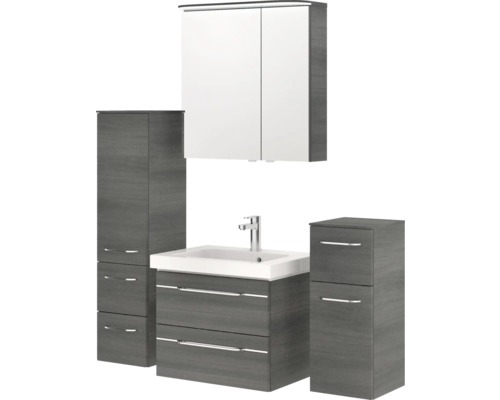 Badezimmer-Set mit Waschtisch, Unterschrank, Spiegelschrank und Hochschrank für eine moderne Badezimmereinrichtung