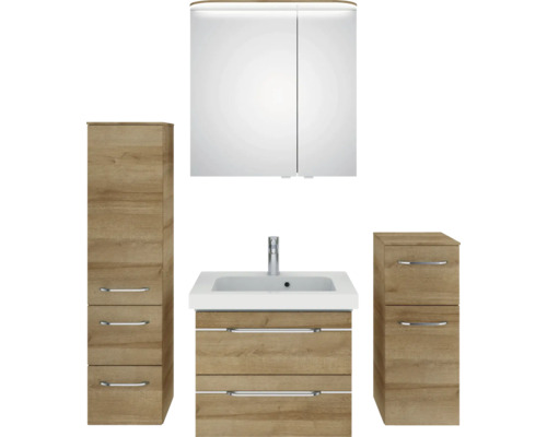 Badezimmer Möbelset mit Waschbecken, Spiegelschrank und Schränken in Holzoptik