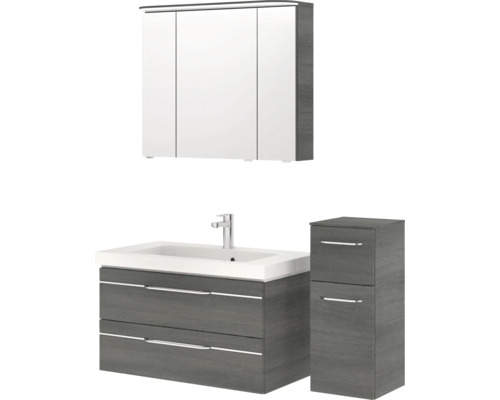 Badezimmerset mit Waschtischunterschrank, Waschbecken, Spiegelschrank und Hochschrank