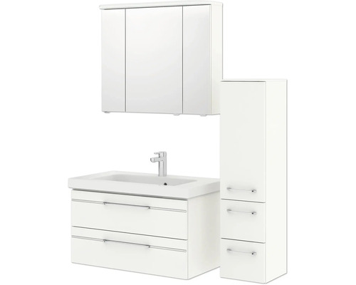 Weißes Badezimmerset mit Waschtischunterschrank, Waschbecken, Spiegelschrank und Hochschrank.