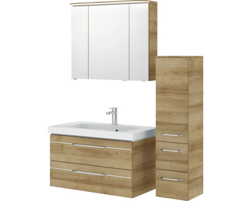 Badezimmermöbelset mit Waschtischunterschrank, Spiegelschrank und Hochschrank