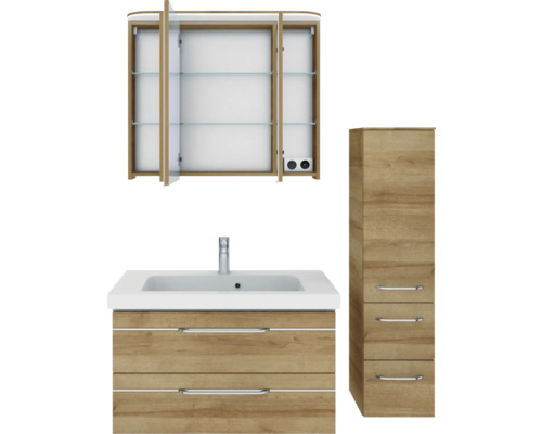 Badezimmer-Set mit Waschbeckenunterschrank, Spiegelschrank und Hochschrank
