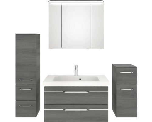 Badezimmer-Set mit Waschbeckenunterschrank, Spiegelschrank und zwei Seitenschränken
