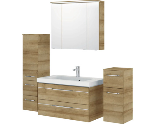 Badezimmer-Set mit Waschtischunterschrank, Waschbecken, Spiegelschrank und Hochschränken