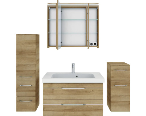 Badezimmerset mit Waschtischunterschrank, Spiegelschrank und Hochschränken