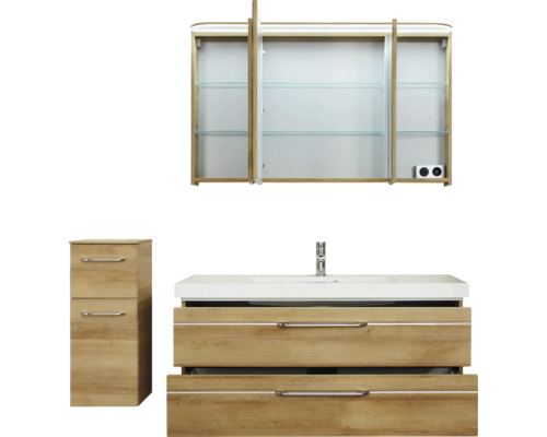 Badezimmermöbelset mit Waschtischunterschrank, Seitenschrank und Spiegelschrank