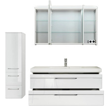 Badmöbel-Set Pelipal Sunline 108 BxHxT 153 x 200 x 50,8 cm Frontfarbe weiß hochglanz Badmöbelset 4-teilig mit Waschtisch Mineralmarmor weiß und Waschtischunterschrank Spiegelschrank mit LED-Beleuchtung Wandschrank