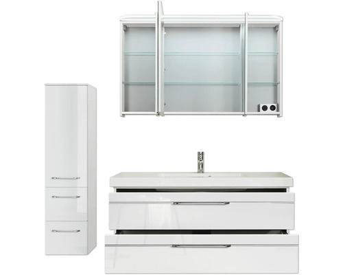 Badezimmerset mit Waschtischunterschrank, Spiegelschrank und Hochschrank