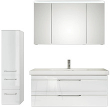 Badmöbel-Set Pelipal Sunline 108 BxHxT 153 x 200 x 50,8 cm Frontfarbe weiß hochglanz Badmöbelset 4-teilig mit Waschtisch Mineralmarmor weiß und Waschtischunterschrank Spiegelschrank mit LED-Beleuchtung Wandschrank