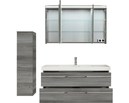 Badezimmerset mit Waschtischunterschrank, Spiegelschrank und Hochschrank