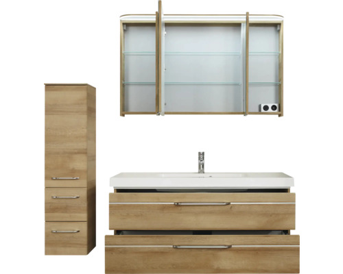 Badezimmer-Set mit Waschtischunterschrank, Spiegelschrank und Hochschrank im Badezimmer