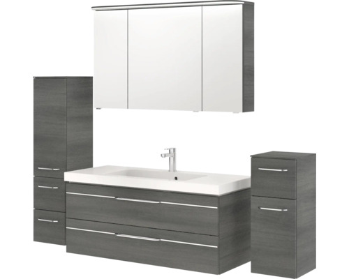 Badezimmerensemble mit Waschbeckenunterschrank, Spiegelschrank und zwei Hochschränken