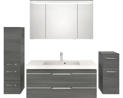 Badezimmerensemble mit Waschtischunterschrank, Waschbecken, Spiegelschrank und zwei Seitenschränken