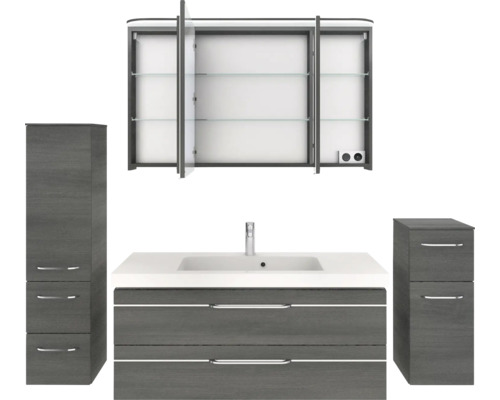 Badezimmerensemble mit Waschtischunterschrank, Waschbecken, Spiegelschrank und zwei Seitenschränken