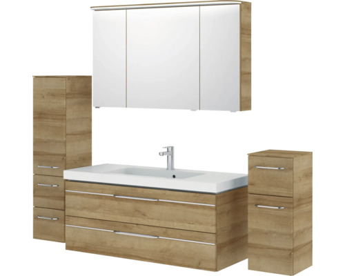 Badezimmermöbelset mit Waschtisch, Waschbecken, Spiegelschrank und zwei Hochschränken