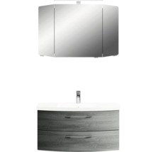 Badmöbel-Set Pelipal Sunline 104 BxHxT 101 x 200 x 50,5 cm Frontfarbe graphit struktur quer Badmöbelset 3-teilig mit Waschtisch Mineralmarmor weiß und Waschtischunterschrank Spiegelschrank mit LED-Beleuchtung
