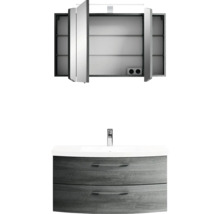 Badmöbel-Set Pelipal Sunline 104 BxHxT 101 x 200 x 50,5 cm Frontfarbe graphit struktur quer Badmöbelset 3-teilig mit Waschtisch Mineralmarmor weiß und Waschtischunterschrank Spiegelschrank mit LED-Beleuchtung