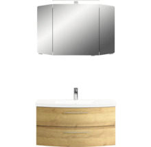 Badmöbel-Set Pelipal Sunline 104 BxHxT 101 x 200 x 50,5 cm Frontfarbe eiche riviera Badmöbelset 3-teilig mit Waschtisch Mineralmarmor weiß und Waschtischunterschrank Spiegelschrank mit LED-Beleuchtung