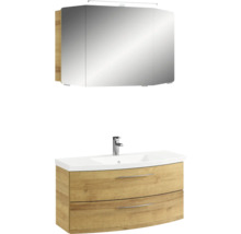 Badmöbel-Set Pelipal Sunline 104 BxHxT 101 x 200 x 50,5 cm Frontfarbe eiche riviera Badmöbelset 3-teilig mit Waschtisch Mineralmarmor weiß und Waschtischunterschrank Spiegelschrank mit LED-Beleuchtung