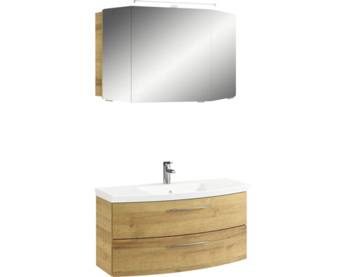 Waschtisch mit zwei Schubladen, Waschbecken und Spiegelschrank mit Beleuchtung für das Badezimmer